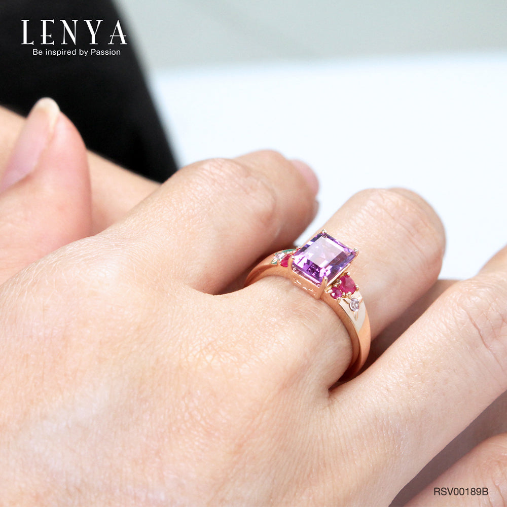 LENYA แหวนเงินแท้ ประดับพลอยอะเมทิสต์(Amathyst) พิงค์แซปไฟร์ (Pink Sapphire) และ ทับทิม (Ruby) ชุบพิงค์โกลด์