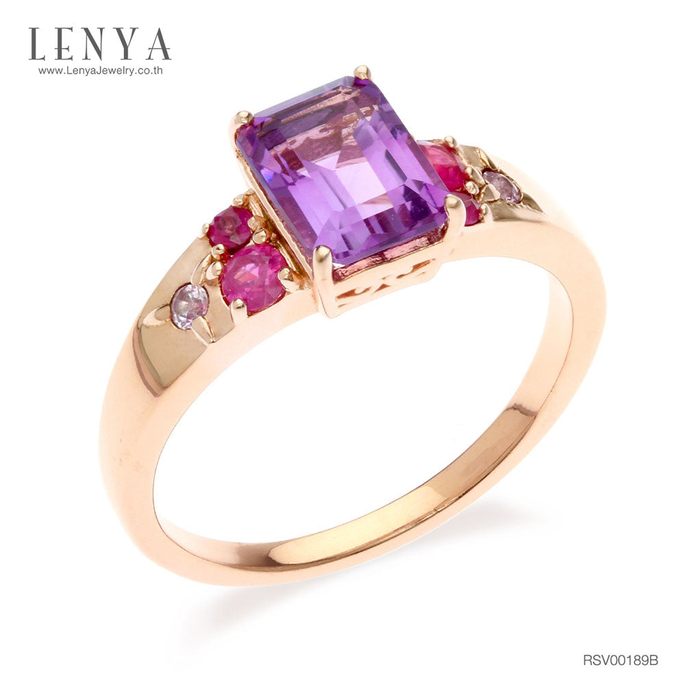 LENYA แหวนเงินแท้ ประดับพลอยอะเมทิสต์(Amathyst) พิงค์แซปไฟร์ (Pink Sapphire) และ ทับทิม (Ruby) ชุบพิงค์โกลด์