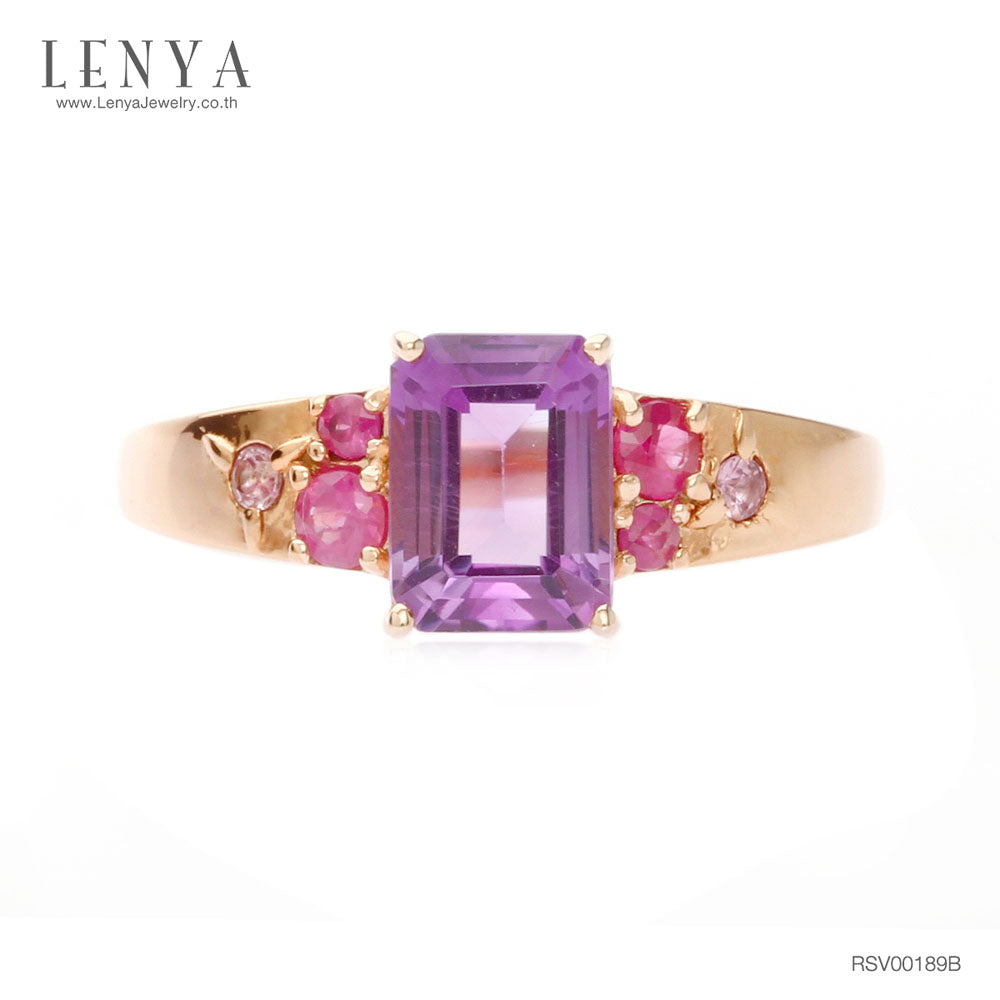 LENYA แหวนเงินแท้ ประดับพลอยอะเมทิสต์(Amathyst) พิงค์แซปไฟร์ (Pink Sapphire) และ ทับทิม (Ruby) ชุบพิงค์โกลด์
