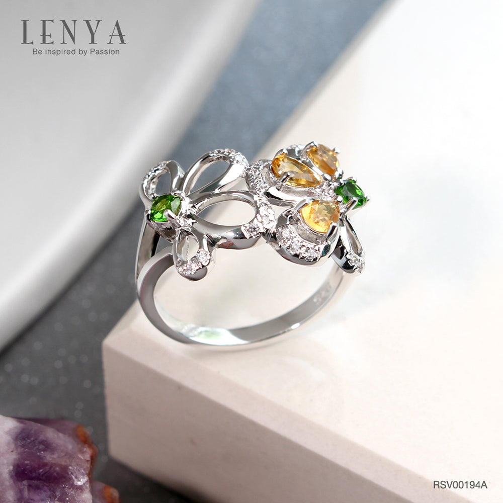 LENYA แหวนตัวเรือนเงินแท้ 925 ชุบทองขาว ประดับด้วยพลอย ซิทริน(Citrine) โครมไดออพไซด์(Chrome Diopside) และ คิวบิกเซอร์โคเนีย (Cubic Zirconia)