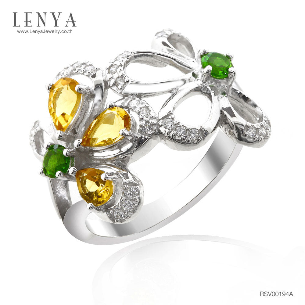 LENYA แหวนตัวเรือนเงินแท้ 925 ชุบทองขาว ประดับด้วยพลอย ซิทริน(Citrine) โครมไดออพไซด์(Chrome Diopside) และ คิวบิกเซอร์โคเนีย (Cubic Zirconia)