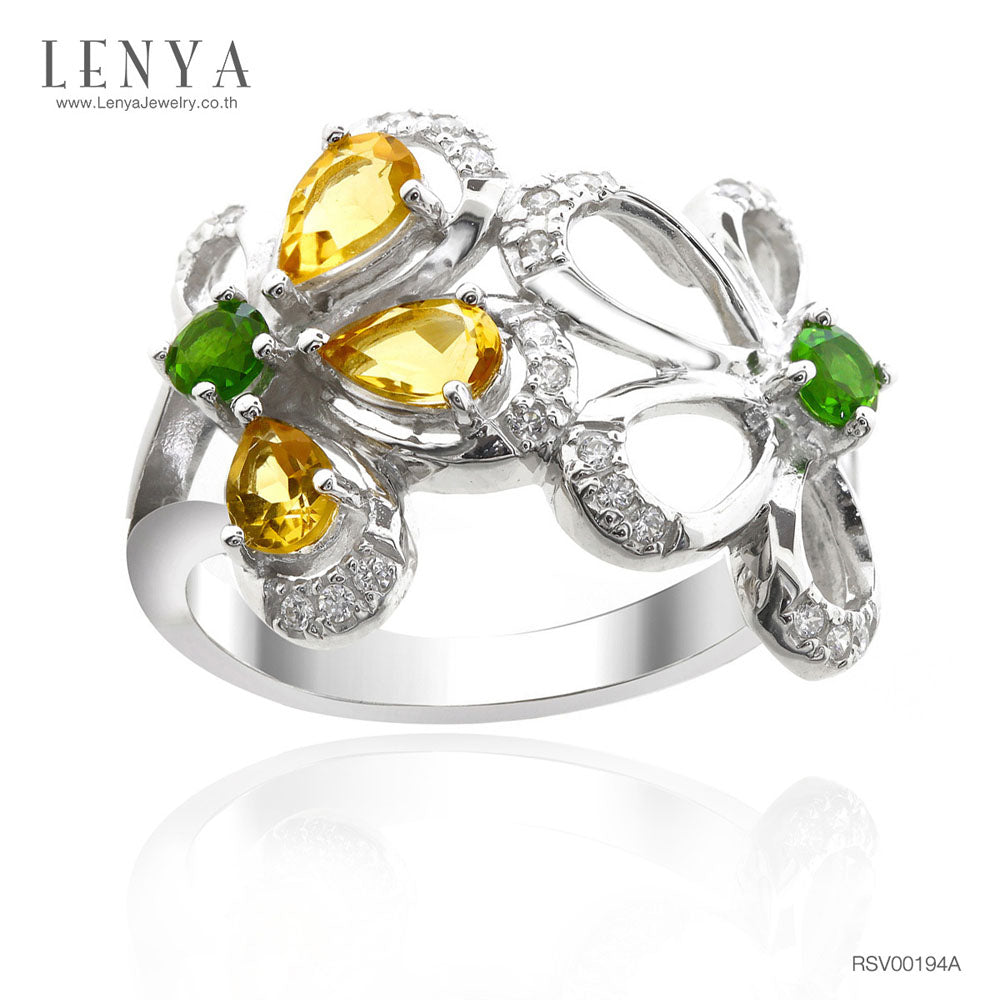 LENYA แหวนตัวเรือนเงินแท้ 925 ชุบทองขาว ประดับด้วยพลอย ซิทริน(Citrine) โครมไดออพไซด์(Chrome Diopside) และ คิวบิกเซอร์โคเนีย (Cubic Zirconia)