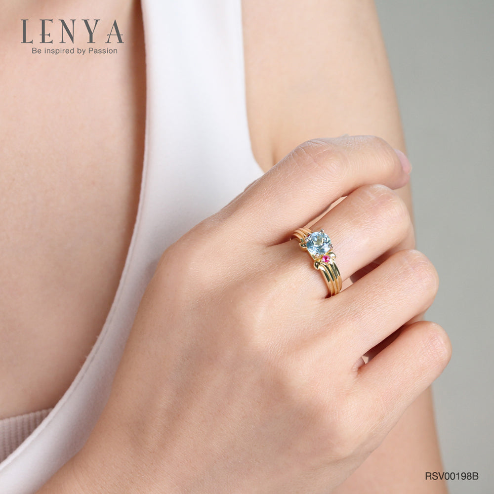 LENYA แหวน บลูโทแพซ(Blue Topaz) ดีไซน์เรียบหรูมีระดับ ประดับด้วย ทับทิม(Ruby) เม็ดเล็ก ตัวเรือนเงินแท้ 925 ชุบทองคำ18K