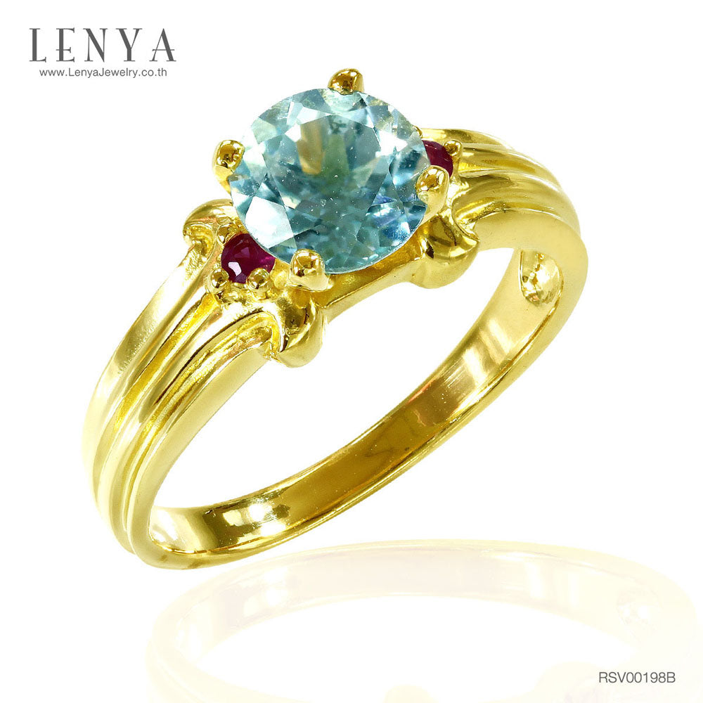 LENYA แหวน บลูโทแพซ(Blue Topaz) ดีไซน์เรียบหรูมีระดับ ประดับด้วย ทับทิม(Ruby) เม็ดเล็ก ตัวเรือนเงินแท้ 925 ชุบทองคำ18K