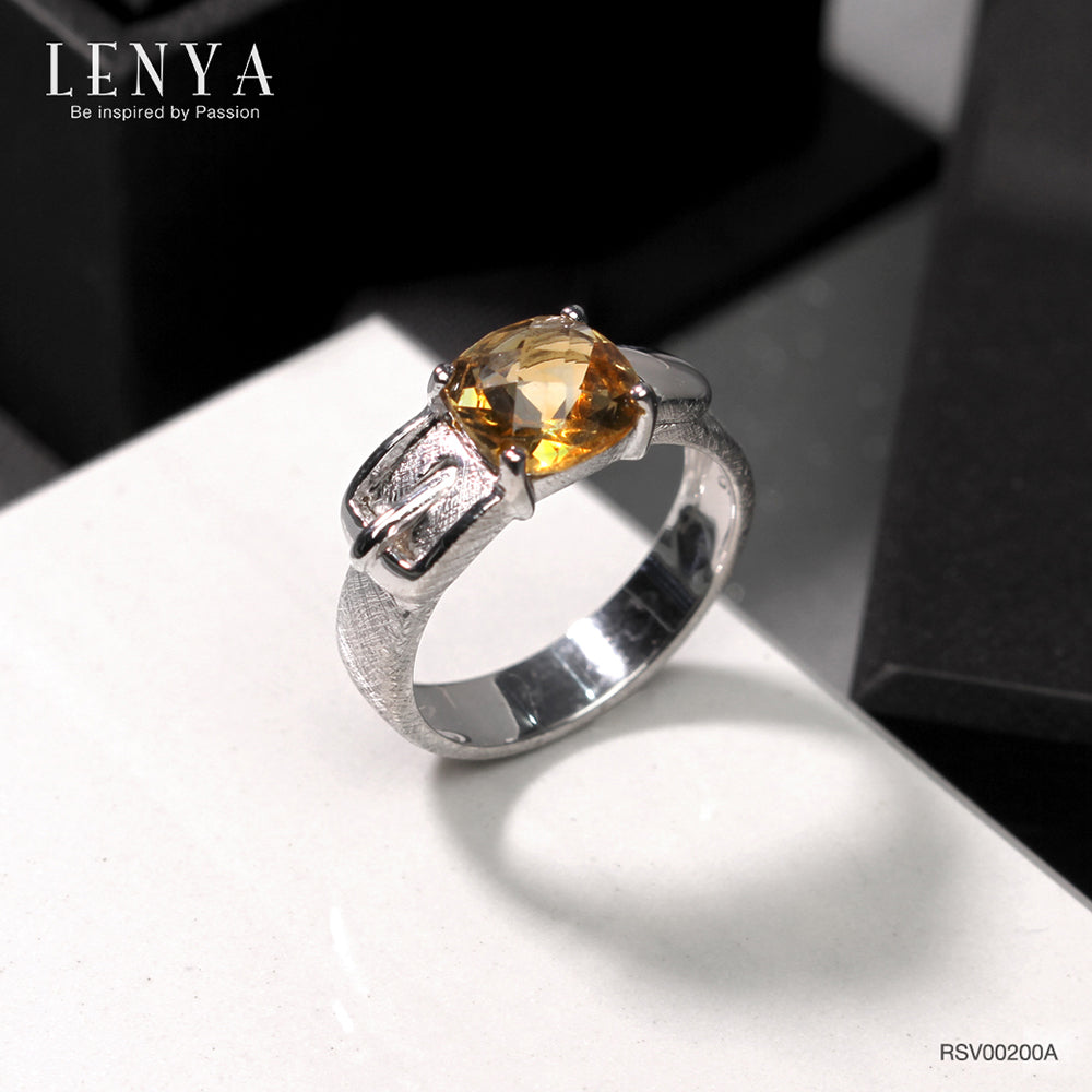 LENYA แหวนหัวเข็มขัด ดีไซน์เก๋ไก๋ ประดับด้วยด้วยพลอย ซิทริน(Citrine) เจียระไนหน้าตาราง ตัวเรือนเงินแท้925 ชุบด้วยทองคำขาว