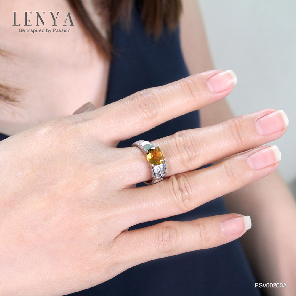 LENYA แหวนหัวเข็มขัด ดีไซน์เก๋ไก๋ ประดับด้วยด้วยพลอย ซิทริน(Citrine) เจียระไนหน้าตาราง ตัวเรือนเงินแท้925 ชุบด้วยทองคำขาว