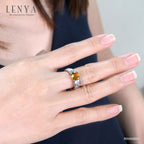 LENYA แหวนหัวเข็มขัด ดีไซน์เก๋ไก๋ ประดับด้วยด้วยพลอย ซิทริน(Citrine) เจียระไนหน้าตาราง ตัวเรือนเงินแท้925 ชุบด้วยทองคำขาว