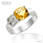 LENYA แหวนหัวเข็มขัด ดีไซน์เก๋ไก๋ ประดับด้วยด้วยพลอย ซิทริน(Citrine) เจียระไนหน้าตาราง ตัวเรือนเงินแท้925 ชุบด้วยทองคำขาว