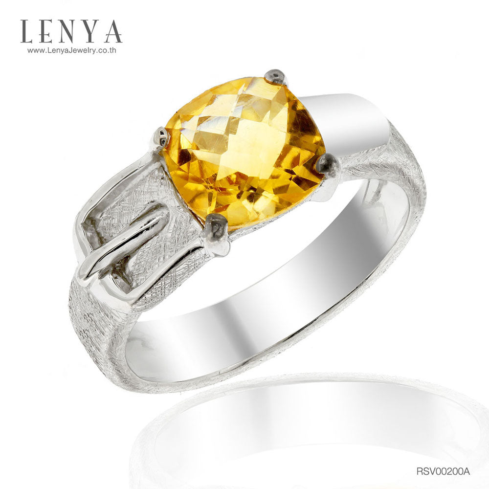 LENYA แหวนหัวเข็มขัด ดีไซน์เก๋ไก๋ ประดับด้วยด้วยพลอย ซิทริน(Citrine) เจียระไนหน้าตาราง ตัวเรือนเงินแท้925 ชุบด้วยทองคำขาว