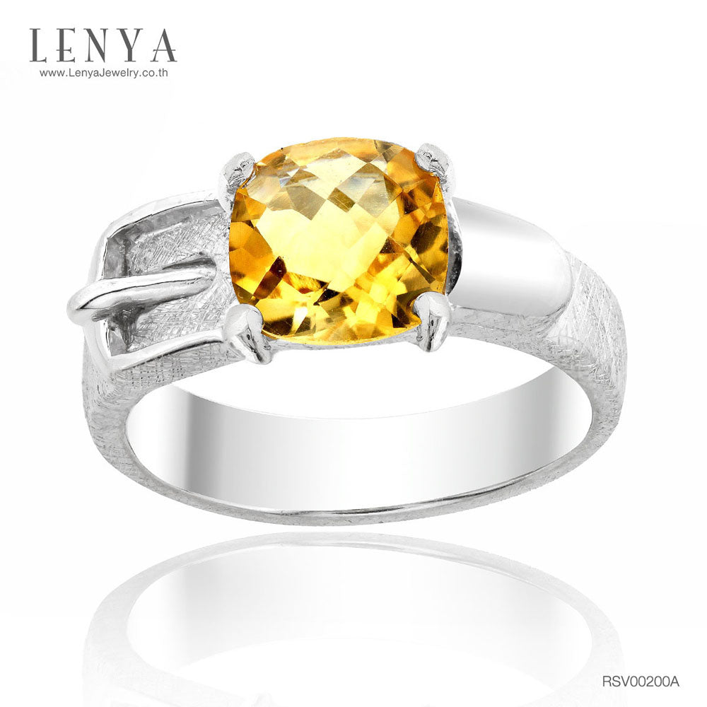 LENYA แหวนหัวเข็มขัด ดีไซน์เก๋ไก๋ ประดับด้วยด้วยพลอย ซิทริน(Citrine) เจียระไนหน้าตาราง ตัวเรือนเงินแท้925 ชุบด้วยทองคำขาว