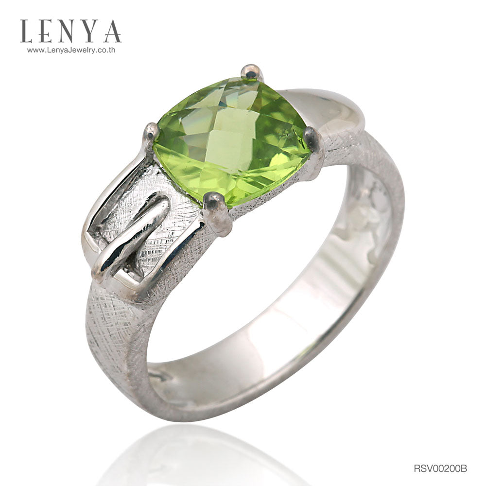 LENYA แหวนหัวเข็มขัด ดีไซน์เก๋ไก๋ ประดับด้วยด้วยพลอย เพอริดอท(Peridot) เจียระไนหน้าตาราง ตัวเรือนเงินแท้925 ชุบด้วยทองคำขาว