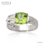 LENYA แหวนหัวเข็มขัด ดีไซน์เก๋ไก๋ ประดับด้วยด้วยพลอย เพอริดอท(Peridot) เจียระไนหน้าตาราง ตัวเรือนเงินแท้925 ชุบด้วยทองคำขาว