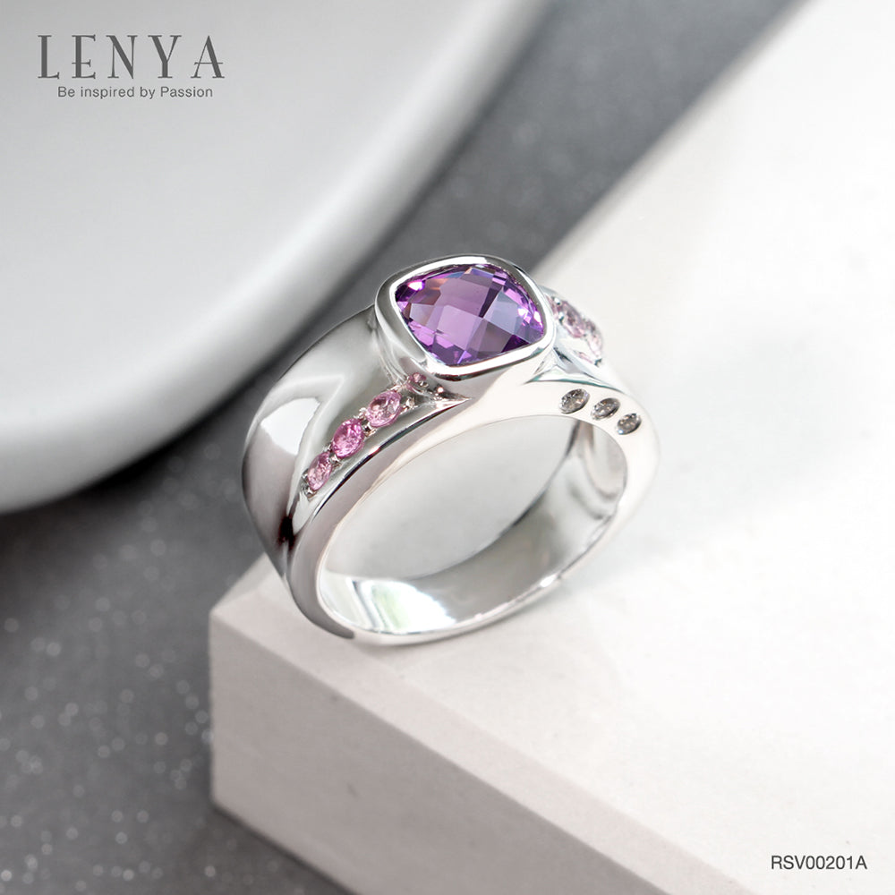 LENYA แหวนประดับอะเมทิสต์(Amethyst) สีม่วง พิ้งค์แซฟไฟซ์(Pink Sapphire) สีชมพู และเพชรDiamondLike ตัวเรือนเงินแท้ชุบทองคำขาว