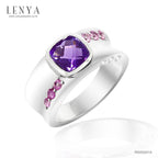 LENYA แหวนประดับอะเมทิสต์(Amethyst) สีม่วง พิ้งค์แซฟไฟซ์(Pink Sapphire) สีชมพู และเพชรDiamondLike ตัวเรือนเงินแท้ชุบทองคำขาว
