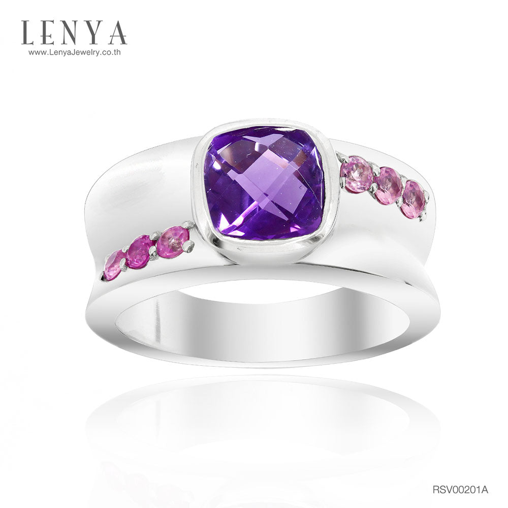 LENYA แหวนประดับอะเมทิสต์(Amethyst) สีม่วง พิ้งค์แซฟไฟซ์(Pink Sapphire) สีชมพู และเพชรDiamondLike ตัวเรือนเงินแท้ชุบทองคำขาว