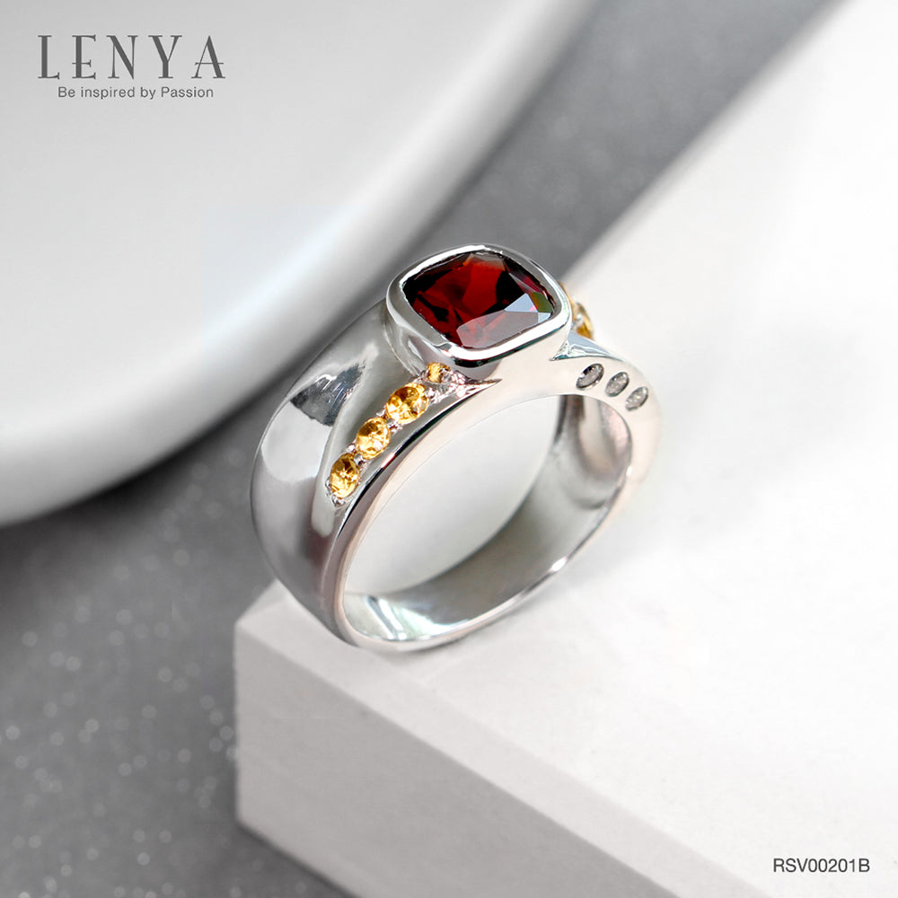 LENYA แหวนพลอยโกเมน เสริมด้านใจแกร่ง สำเร็จ มั่นคง ขนาด 7 มิล ตัวเรือนเงินแท้925 ชุบทองคำขาว
