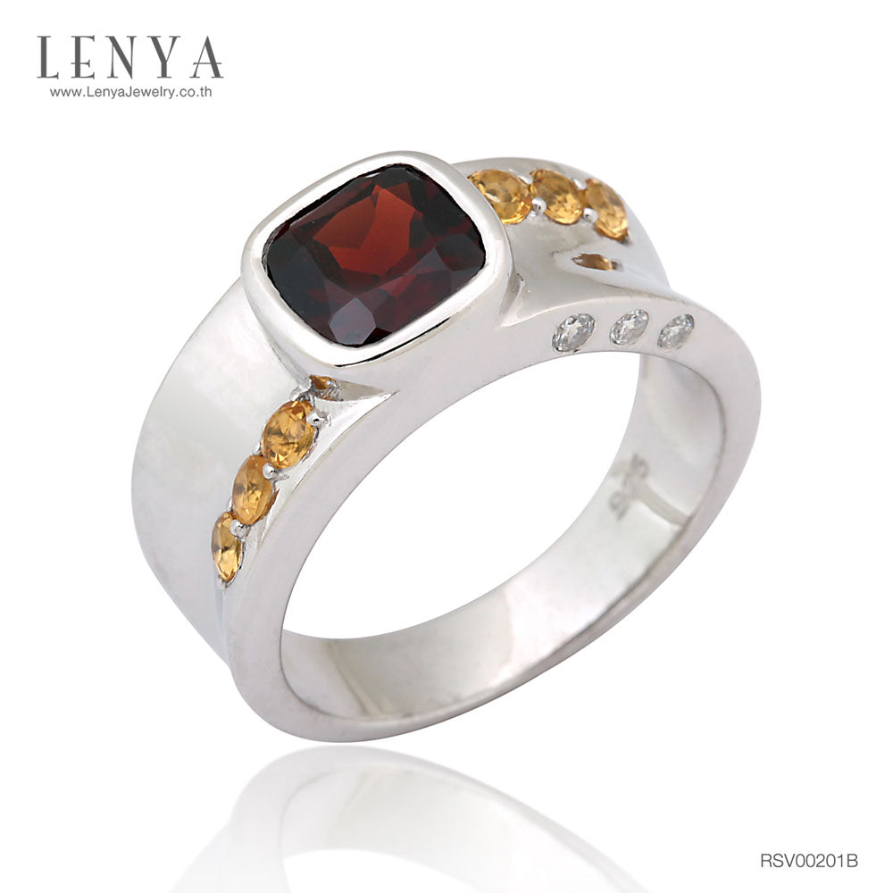 LENYA แหวนพลอยโกเมน เสริมด้านใจแกร่ง สำเร็จ มั่นคง ขนาด 7 มิล ตัวเรือนเงินแท้925 ชุบทองคำขาว
