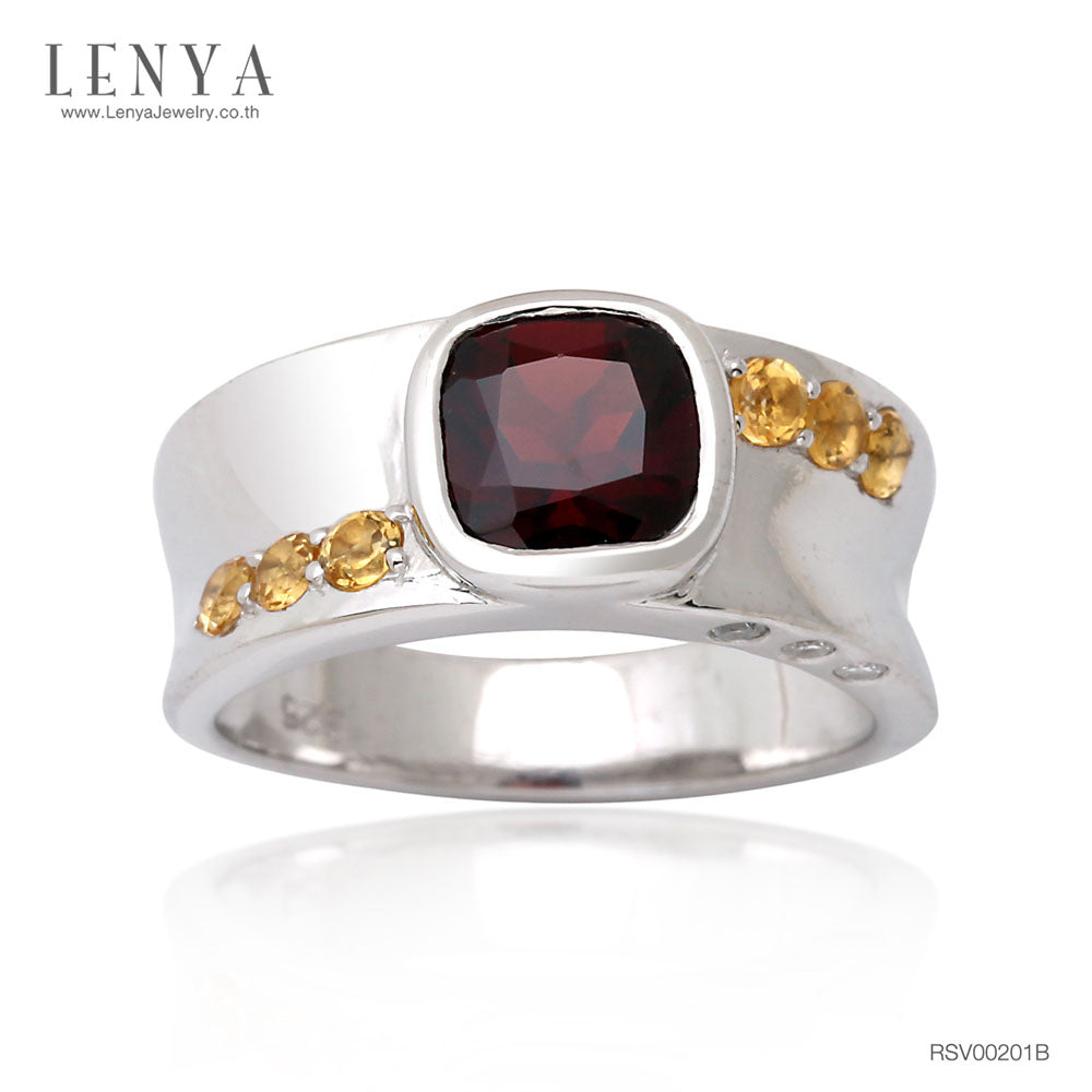 LENYA แหวนพลอยโกเมน เสริมด้านใจแกร่ง สำเร็จ มั่นคง ขนาด 7 มิล ตัวเรือนเงินแท้925 ชุบทองคำขาว