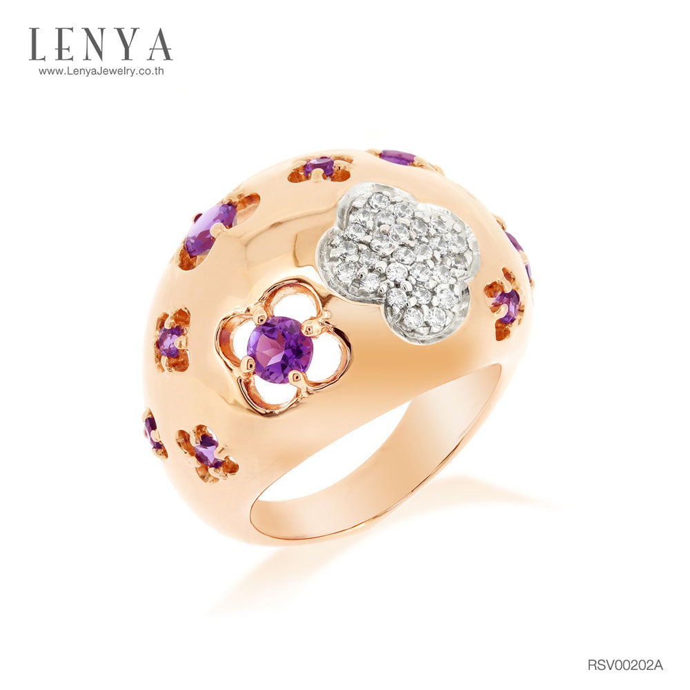LENYA แหวนเงินแท้ดีไซน์น่ารัก อ่อนหวานประดับพลอย อะเมทิสต์ ( Amethyst) และคิวบิกเซอร์โคเนีย (Cubic Zirconia) ชุบพิ้งโกล์ด
