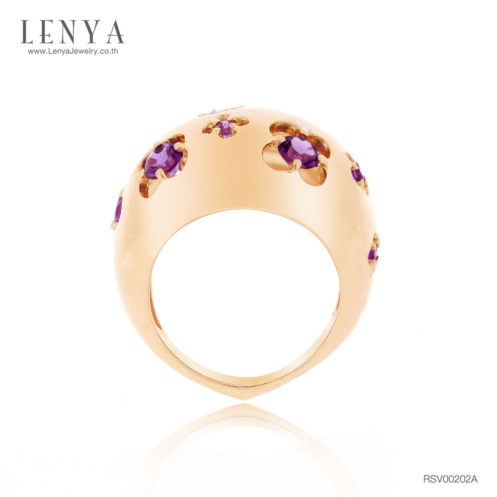 LENYA แหวนเงินแท้ดีไซน์น่ารัก อ่อนหวานประดับพลอย อะเมทิสต์ ( Amethyst) และคิวบิกเซอร์โคเนีย (Cubic Zirconia) ชุบพิ้งโกล์ด