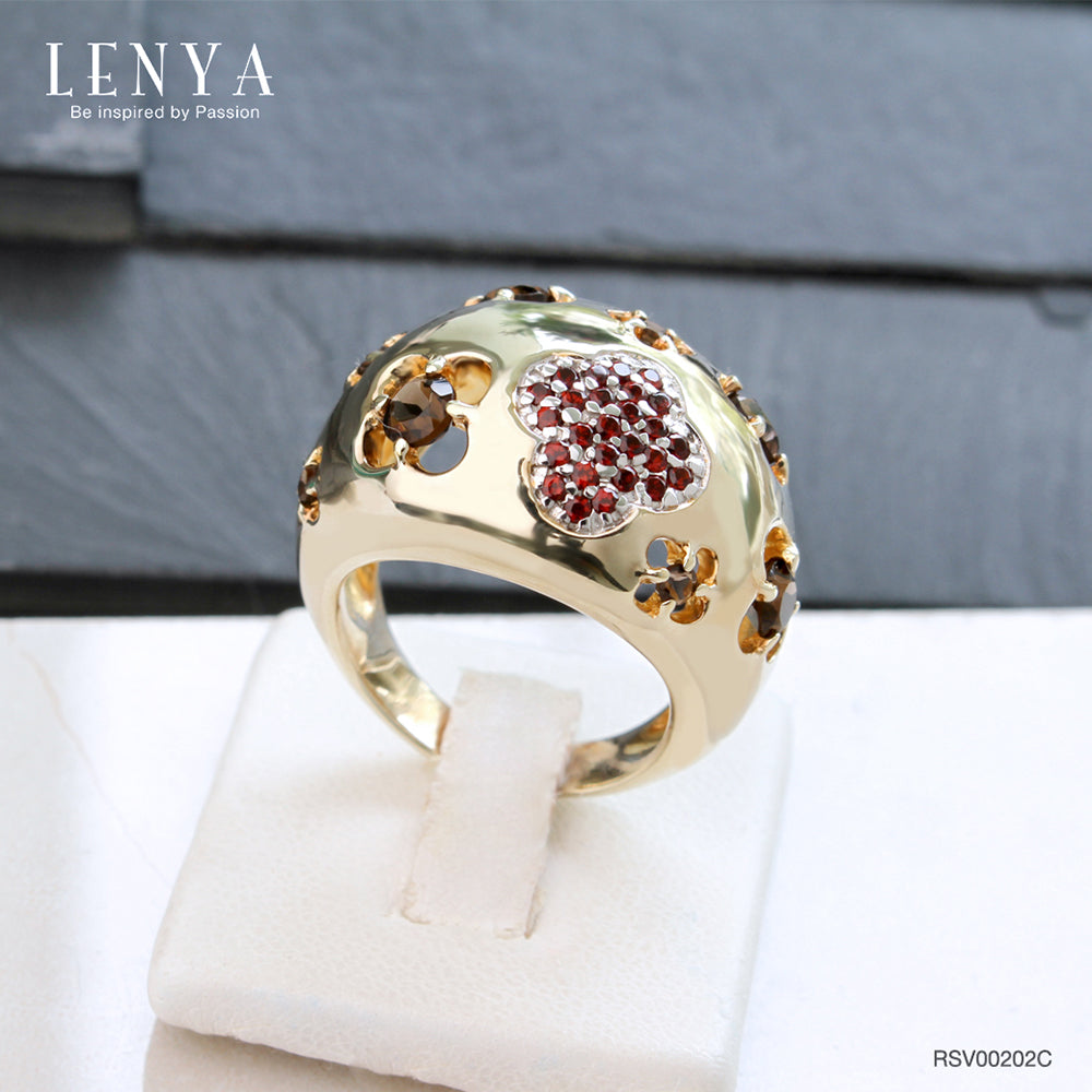 LENYA แหวนเงินแท้ ชุบทอง ประดับพลอยโกเมน (Garnet) และสโมกกี้ควอตซ์ (Smoky Quartz) สวยแตกต่างด้วยดีไซน์