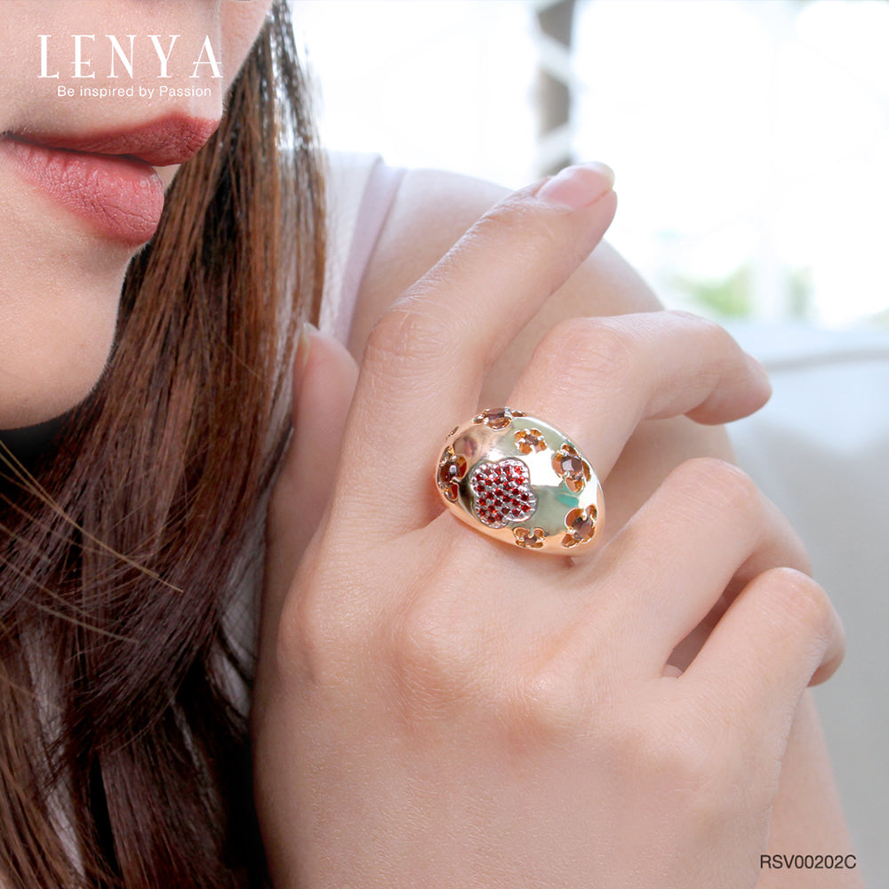 LENYA แหวนเงินแท้ ชุบทอง ประดับพลอยโกเมน (Garnet) และสโมกกี้ควอตซ์ (Smoky Quartz) สวยแตกต่างด้วยดีไซน์