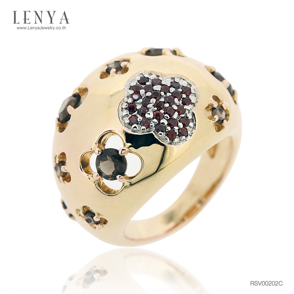 LENYA แหวนเงินแท้ ชุบทอง ประดับพลอยโกเมน (Garnet) และสโมกกี้ควอตซ์ (Smoky Quartz) สวยแตกต่างด้วยดีไซน์