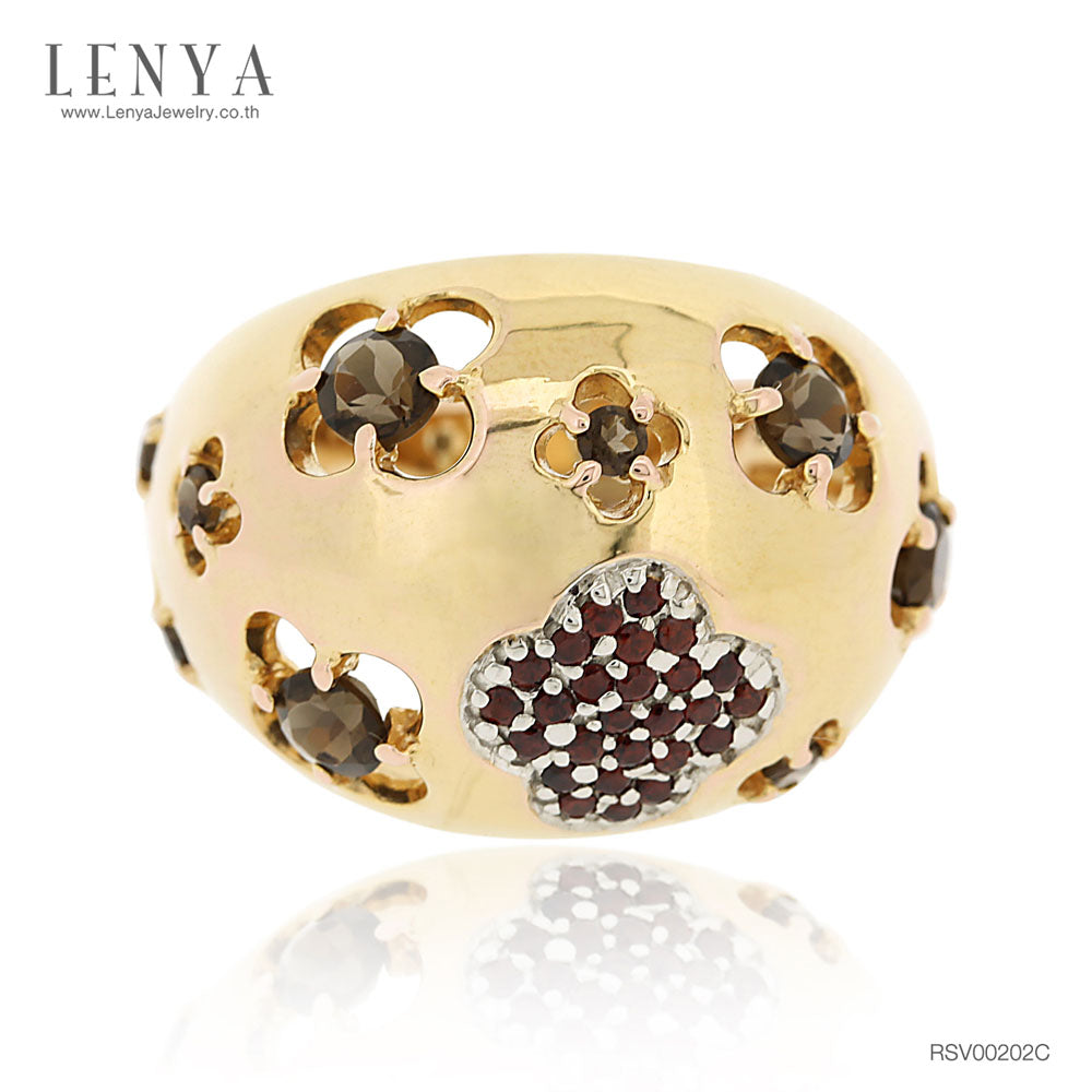 LENYA แหวนเงินแท้ ชุบทอง ประดับพลอยโกเมน (Garnet) และสโมกกี้ควอตซ์ (Smoky Quartz) สวยแตกต่างด้วยดีไซน์