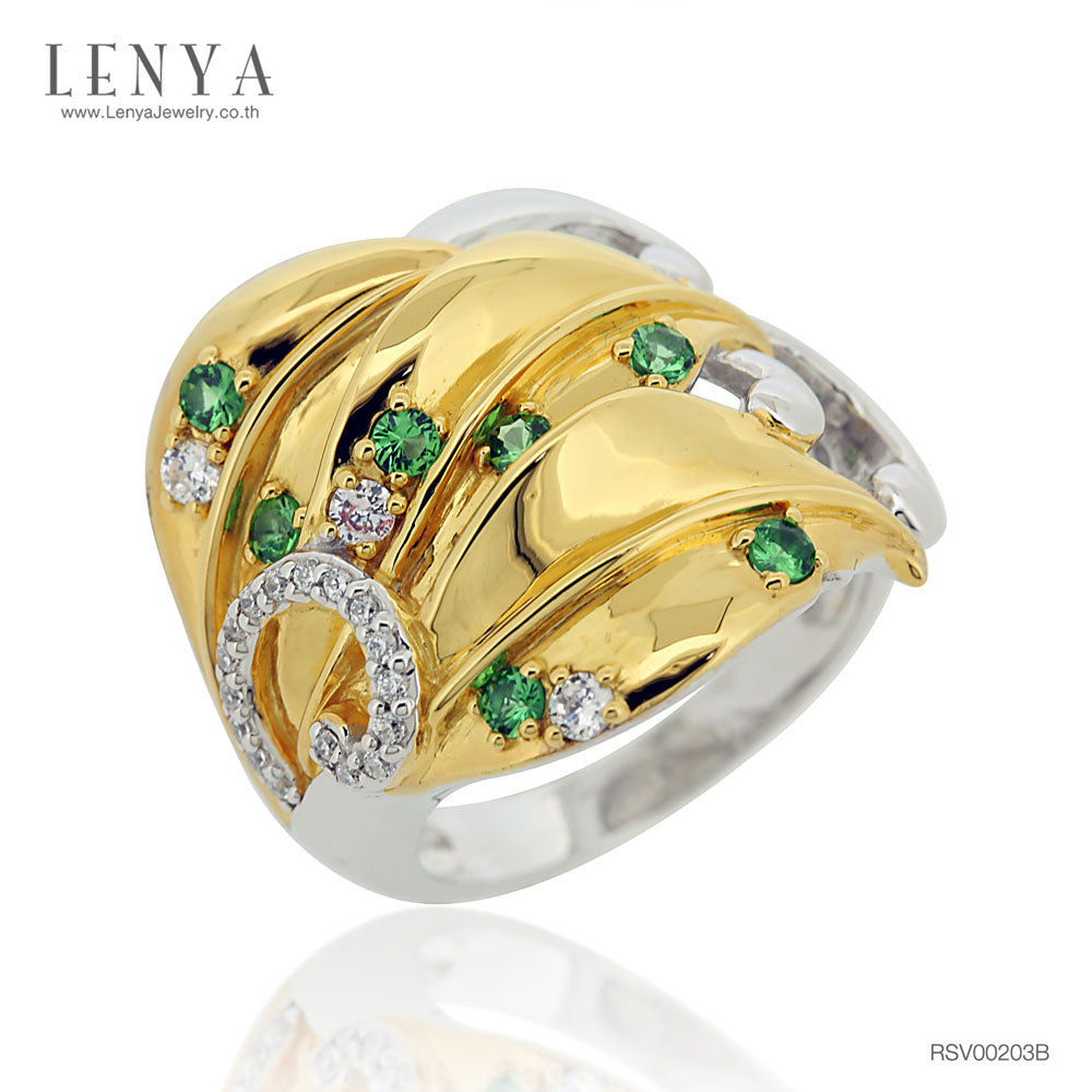 LENYA แหวนซาโวไรท์(Tsavorite) และคิวบิคเซอร์โคเนีย ตัวเรือนเงินแท้ชุบทองและทองคำขาว