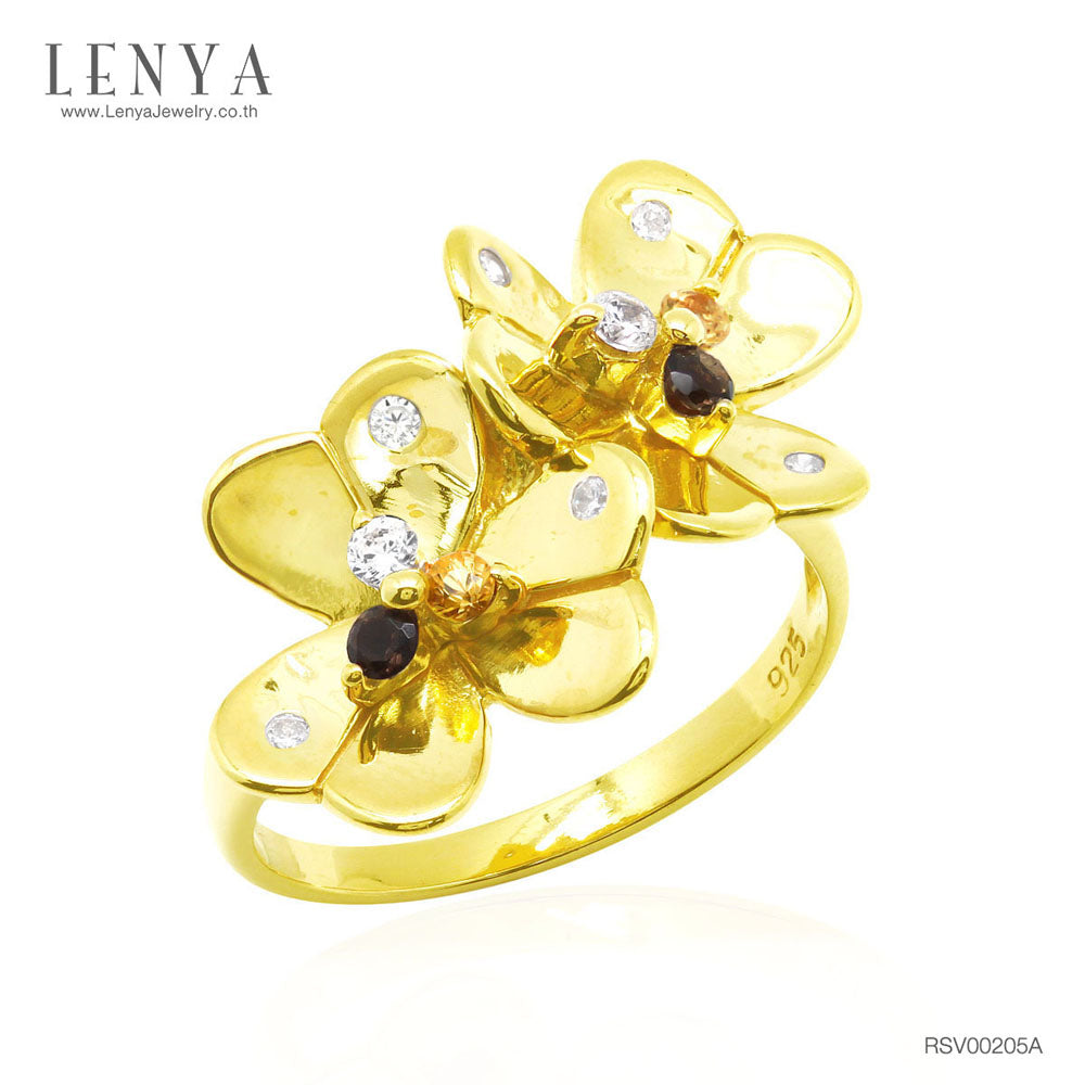 LENYA แหวนพลอยแท้หลากสีสันด้วยดีไซน์สุดหวาน ดอกไม้คู่บานสะพรั่งสำหรับต้อนรับหน้าร้อนนี้ บนตัวเรือนเงินแท้ชุบทองคำแท้
