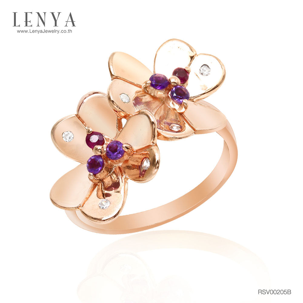 LENYA แหวนพลอยแท้หลากสีสันด้วยดีไซน์สุดหวาน ดอกไม้คู่บานสะพรั่งสำหรับต้อนรับหน้าร้อนนี้ บนตัวเรือนเงินแท้ชุบสีพิงค์โกลด์แท้