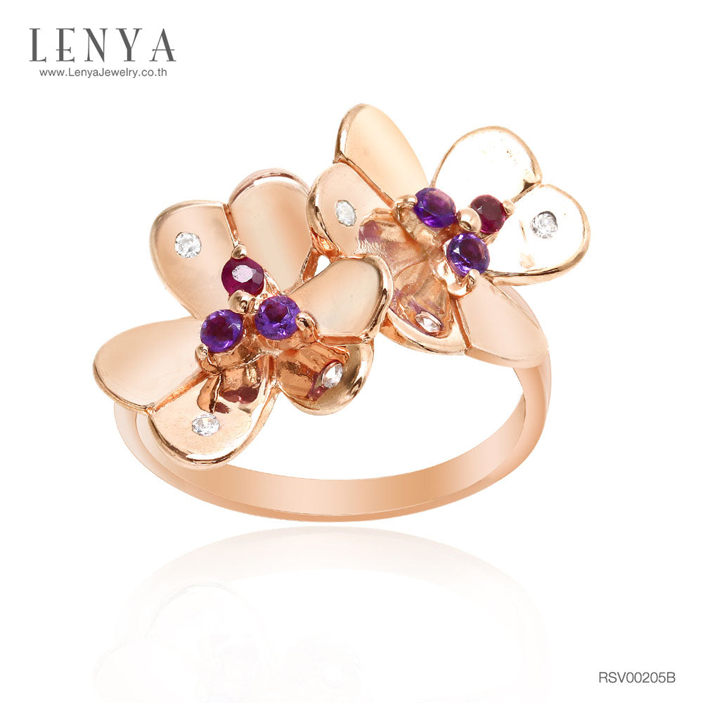LENYA แหวนพลอยแท้หลากสีสันด้วยดีไซน์สุดหวาน ดอกไม้คู่บานสะพรั่งสำหรับต้อนรับหน้าร้อนนี้ บนตัวเรือนเงินแท้ชุบสีพิงค์โกลด์แท้