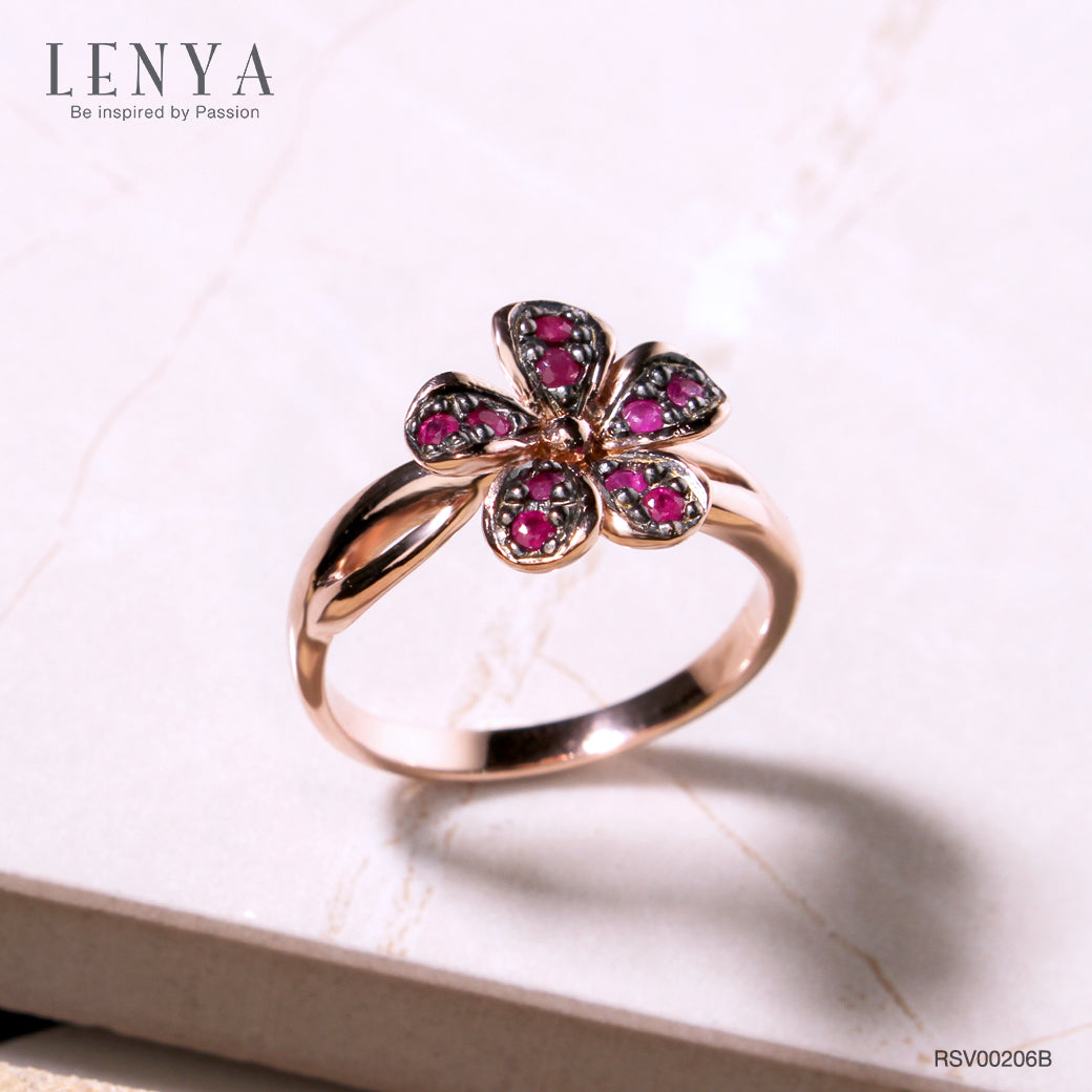 LENYA แหวนเงินแท้ 925 ดีไซน์ดอกไม้ ประดับด้วยพลอย ทับทิม(Ruby) สีแดง ชุบ 2สี Black Rhodium and Pink Gold
