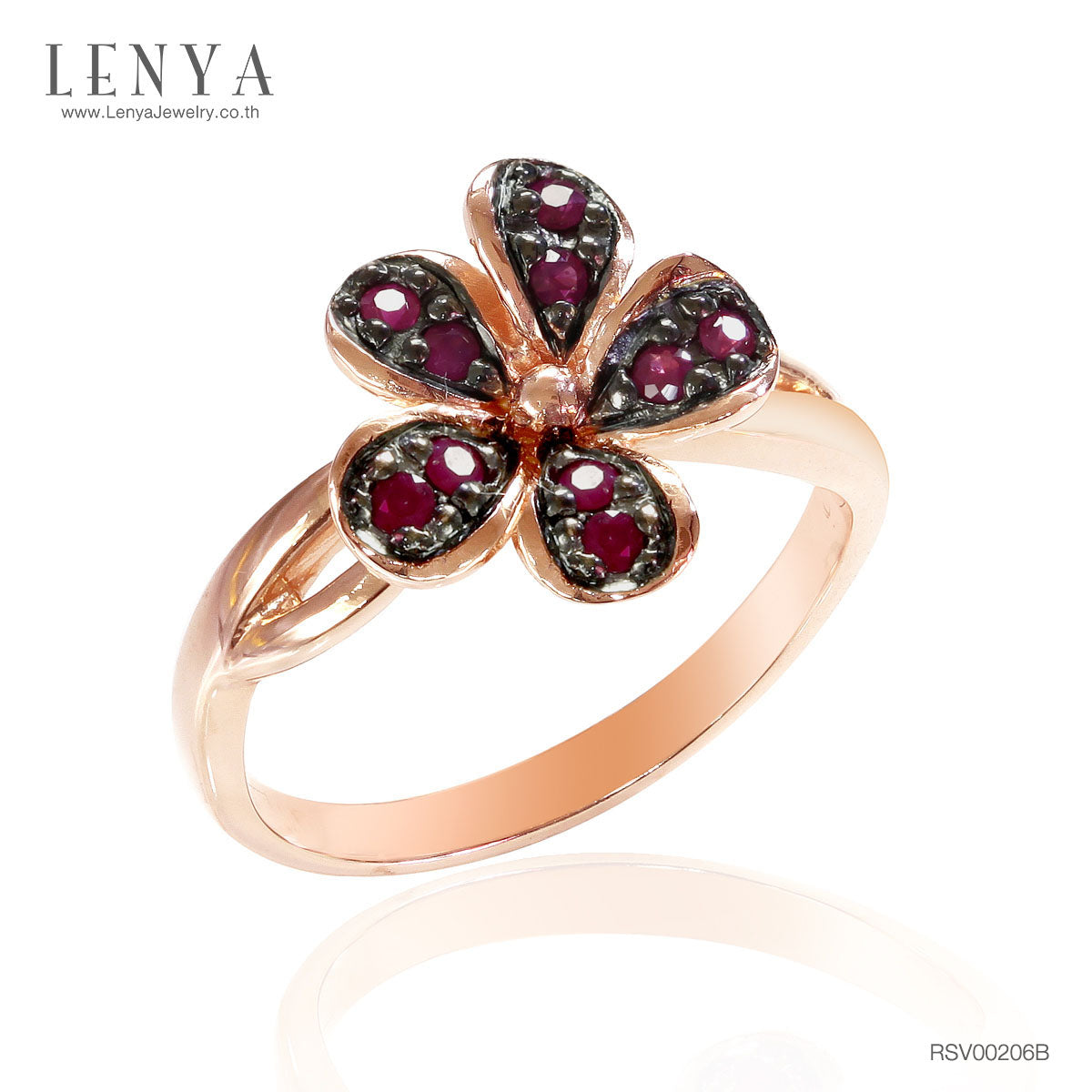 LENYA แหวนเงินแท้ 925 ดีไซน์ดอกไม้ ประดับด้วยพลอย ทับทิม(Ruby) สีแดง ชุบ 2สี Black Rhodium and Pink Gold