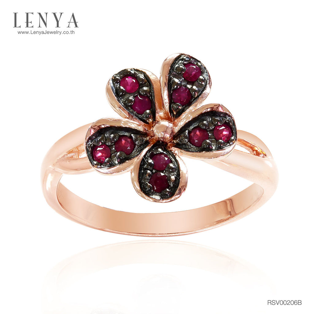 LENYA แหวนเงินแท้ 925 ดีไซน์ดอกไม้ ประดับด้วยพลอย ทับทิม(Ruby) สีแดง ชุบ 2สี Black Rhodium and Pink Gold