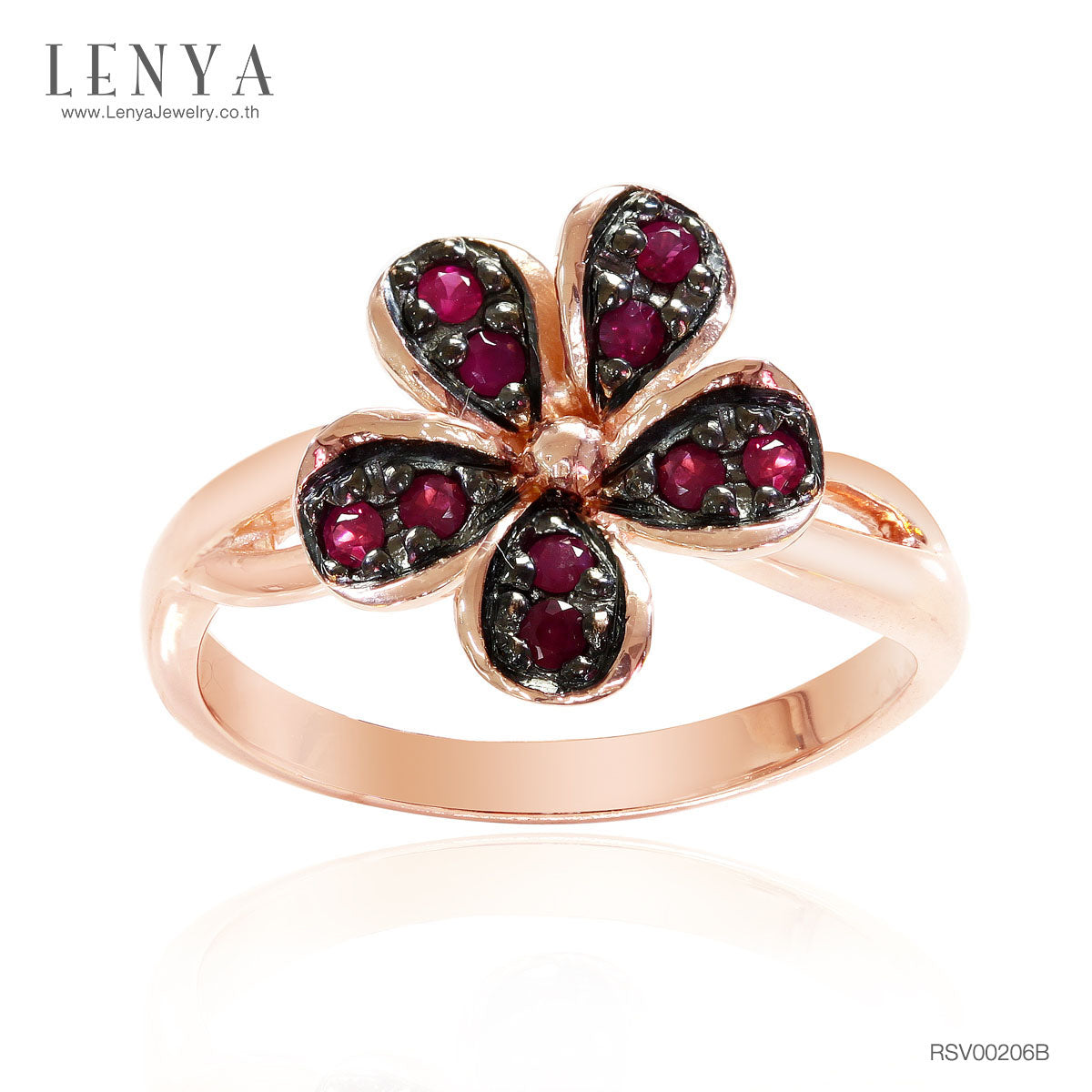 LENYA แหวนเงินแท้ 925 ดีไซน์ดอกไม้ ประดับด้วยพลอย ทับทิม(Ruby) สีแดง ชุบ 2สี Black Rhodium and Pink Gold