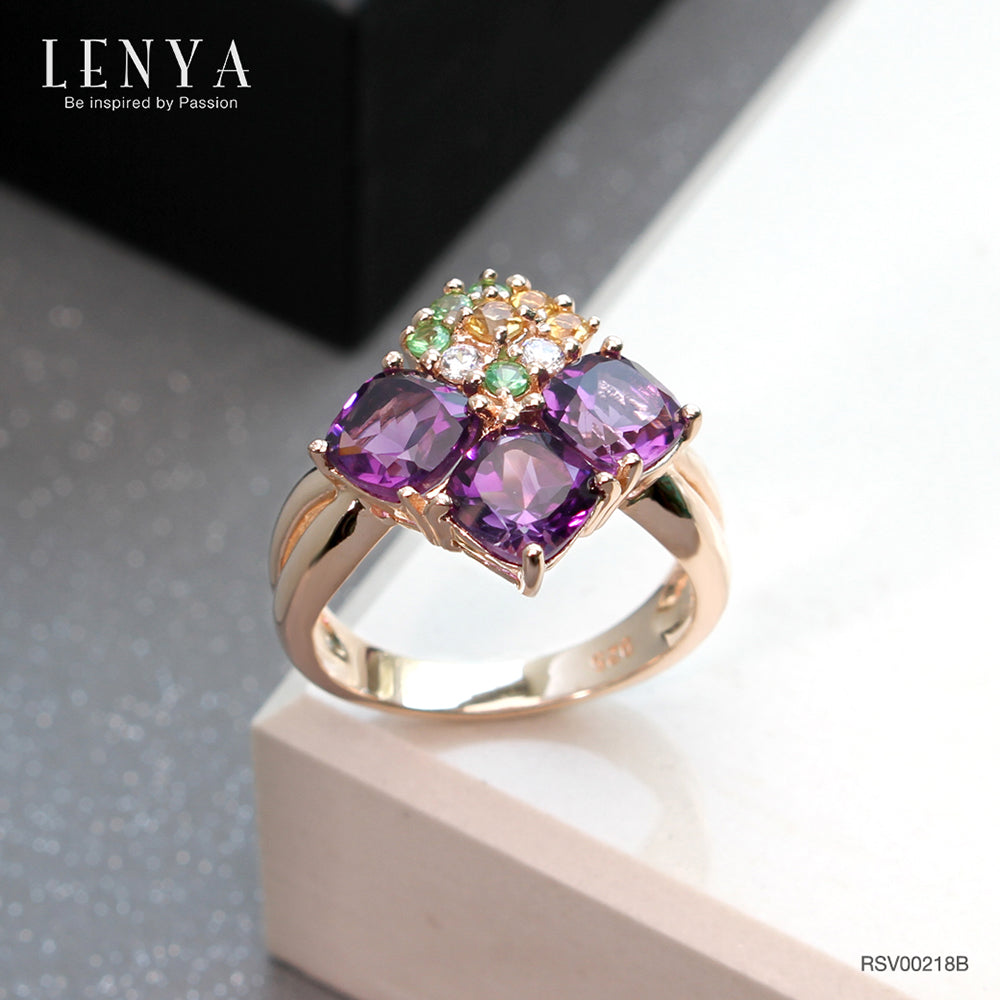 LENYA แหวนเงินแท้ ประดับพลอยอเมทิสต์ ซิทริน ซาโวไรท์ และ CZ