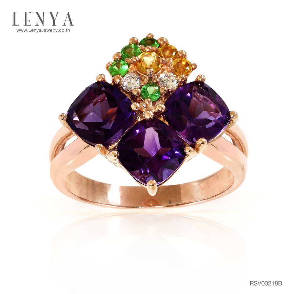 LENYA แหวนเงินแท้ ประดับพลอยอเมทิสต์ ซิทริน ซาโวไรท์ และ CZ