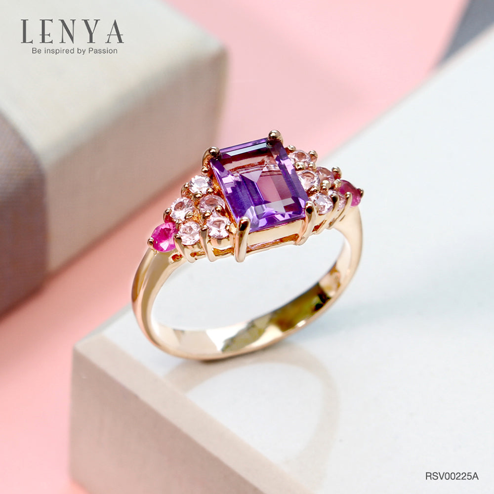 LENYA แหวนแหวนสีม่วง ประดับแซฟไฟซ์สีชมพู และทับทิม ตัวเรือนเงินแท้ชุบสีพิ้งค์โกลด์ (Pink Gold)
