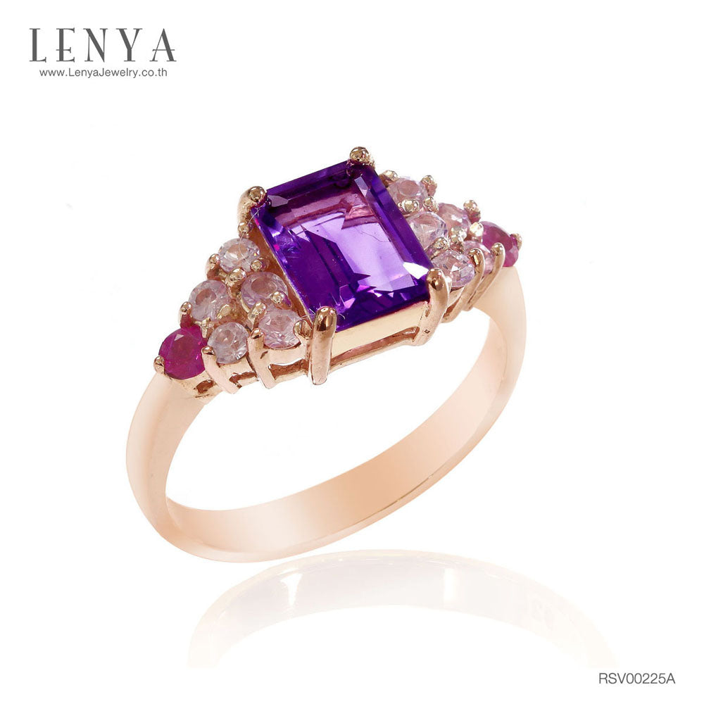 LENYA แหวนแหวนสีม่วง ประดับแซฟไฟซ์สีชมพู และทับทิม ตัวเรือนเงินแท้ชุบสีพิ้งค์โกลด์ (Pink Gold)