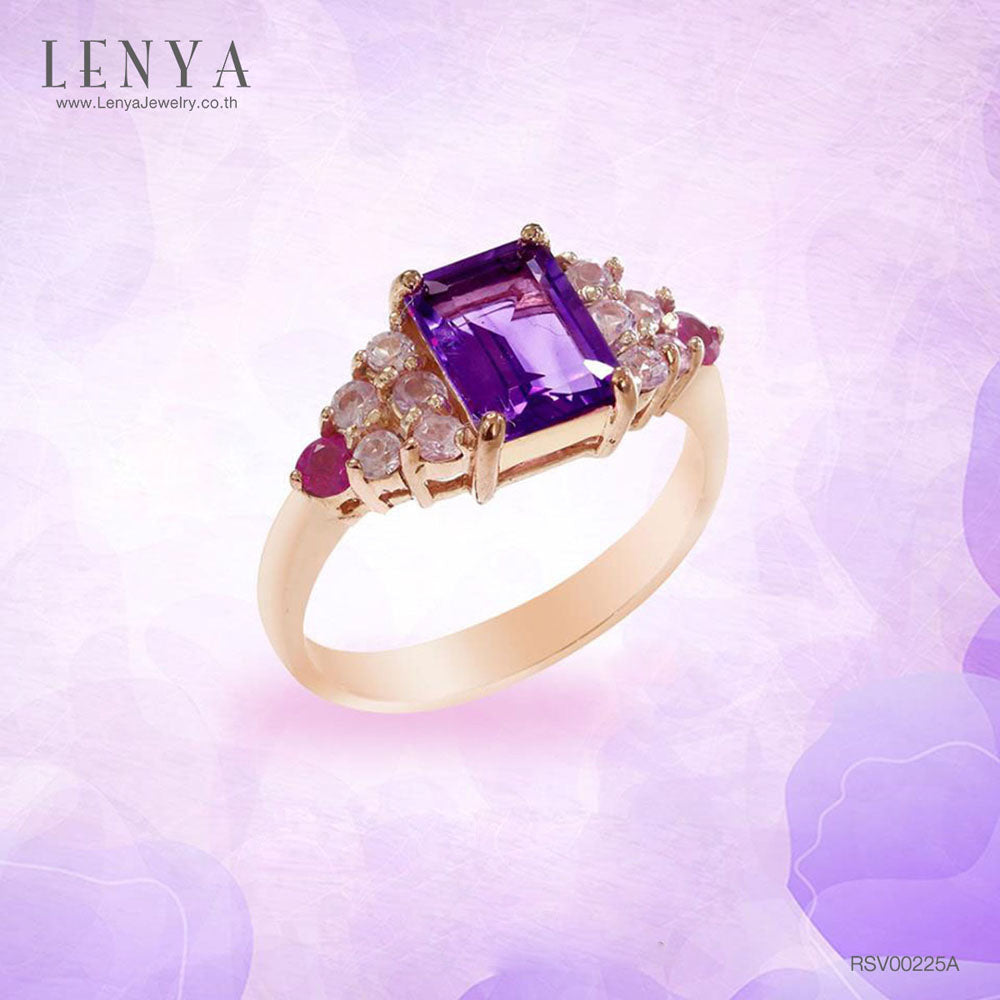 LENYA แหวนแหวนสีม่วง ประดับแซฟไฟซ์สีชมพู และทับทิม ตัวเรือนเงินแท้ชุบสีพิ้งค์โกลด์ (Pink Gold)