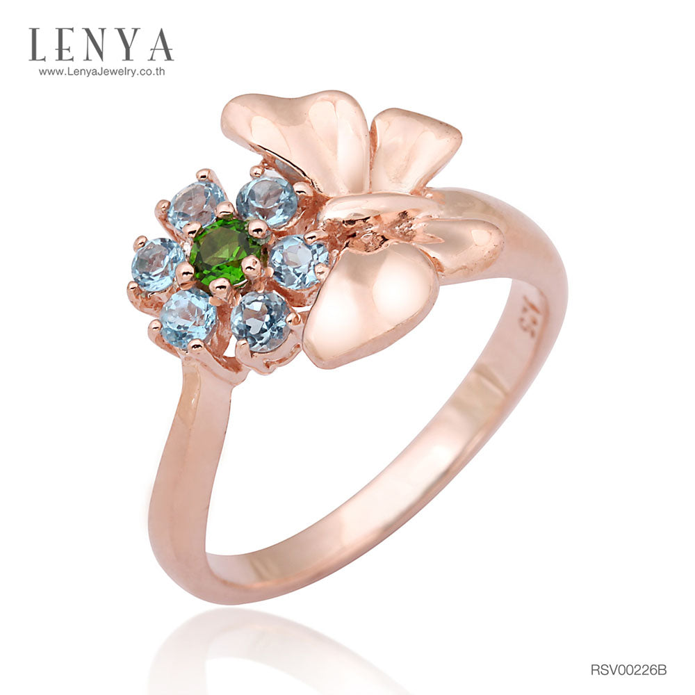 LENYA แหวนดีไซน์น่ารัก ผีเสื้อและดอกไม้ประดับพลอยบลูโทปาซ(Blue Topaz) และพลอยโครมไดออฟไซด์ (Chrome diopsid) ตัวเรือนเงินแท้ชุบสีพิงค์โกลด์