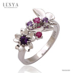 LENYA แหวนดีไซน์ดอกไม้และผีเสื้อ ประดับอะเมทิสท์ (Amethyst) และทับทิม (Ruby) ตัวเรือนเงินแท้ ชุบทองคำขาว เหมาะมากกับสาวหวานตัวจริง