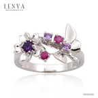 LENYA แหวนดีไซน์ดอกไม้และผีเสื้อ ประดับอะเมทิสท์ (Amethyst) และทับทิม (Ruby) ตัวเรือนเงินแท้ ชุบทองคำขาว เหมาะมากกับสาวหวานตัวจริง