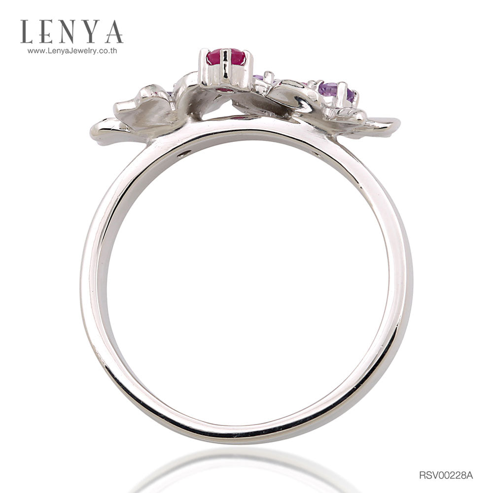 LENYA แหวนดีไซน์ดอกไม้และผีเสื้อ ประดับอะเมทิสท์ (Amethyst) และทับทิม (Ruby) ตัวเรือนเงินแท้ ชุบทองคำขาว เหมาะมากกับสาวหวานตัวจริง