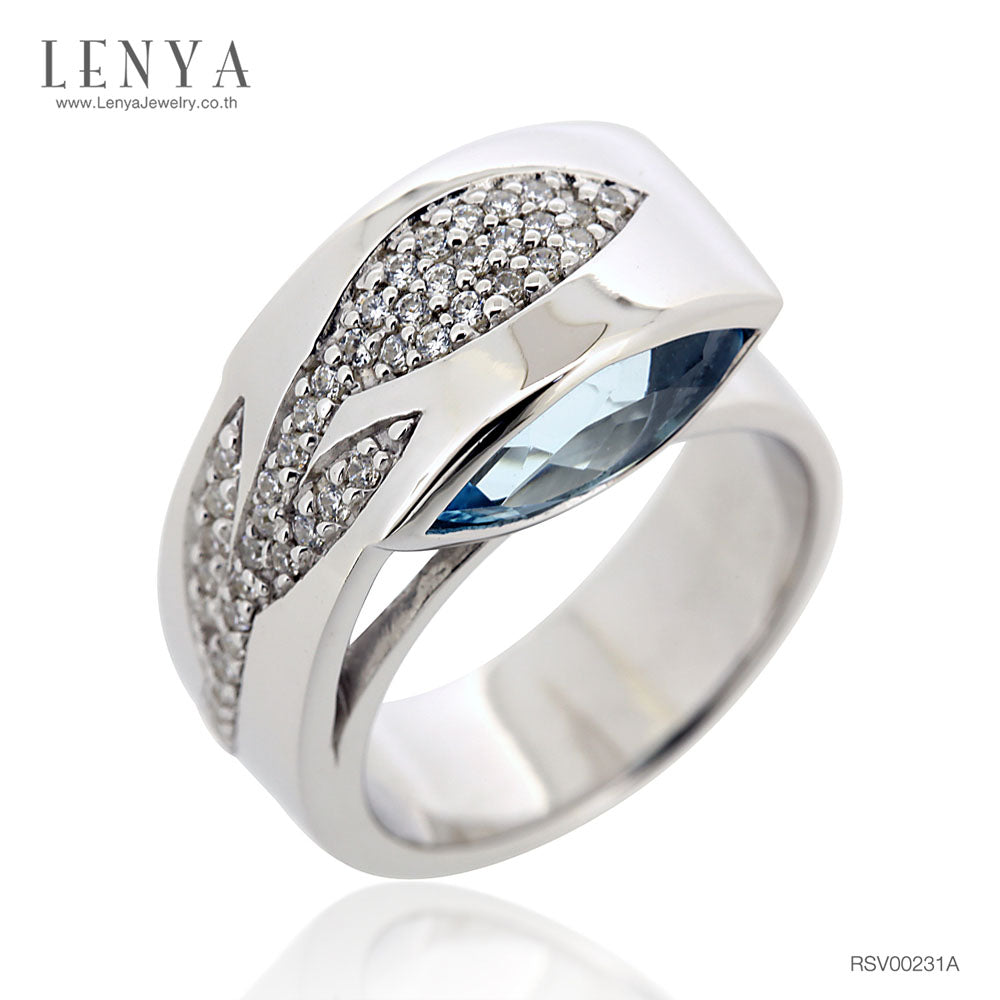 LENYA แหวน บลูโทแพซ(Blue Topaz) เพิ่มระยิบระยับด้วย คิวบิกเซอร์โคเนีย (Cubic Zirconia) สีขาวเม็ดเล๊กๆ ตัวเรือนเงินแท้ 925 ชุบทองคำขาว