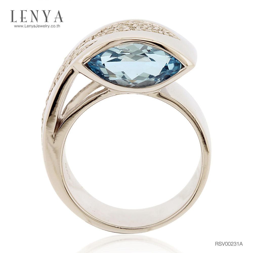 LENYA แหวน บลูโทแพซ(Blue Topaz) เพิ่มระยิบระยับด้วย คิวบิกเซอร์โคเนีย (Cubic Zirconia) สีขาวเม็ดเล๊กๆ ตัวเรือนเงินแท้ 925 ชุบทองคำขาว