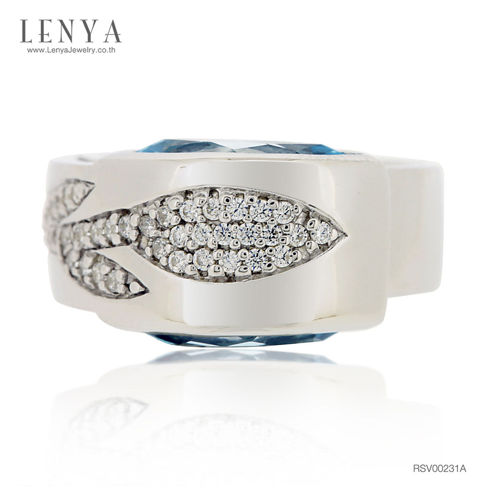 LENYA แหวน บลูโทแพซ(Blue Topaz) เพิ่มระยิบระยับด้วย คิวบิกเซอร์โคเนีย (Cubic Zirconia) สีขาวเม็ดเล๊กๆ ตัวเรือนเงินแท้ 925 ชุบทองคำขาว