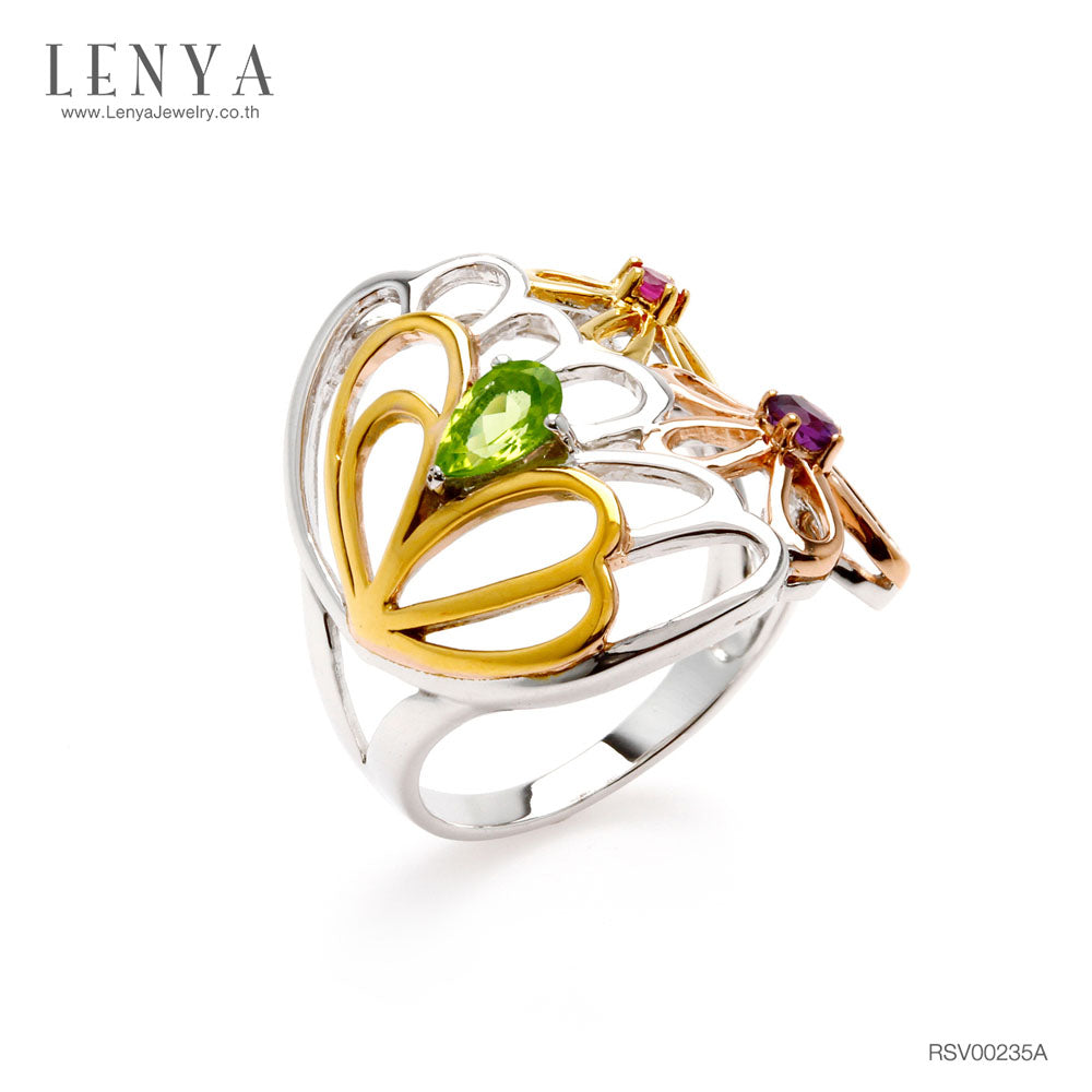 LENYA แหวนดอกไม้ ประดับทับทิม เพอริดอทและอะเมทิตส์ ตัวเรือนเงินแท้ ชุบทองทรีโทน สวยน่าหลงไหลสุดๆ