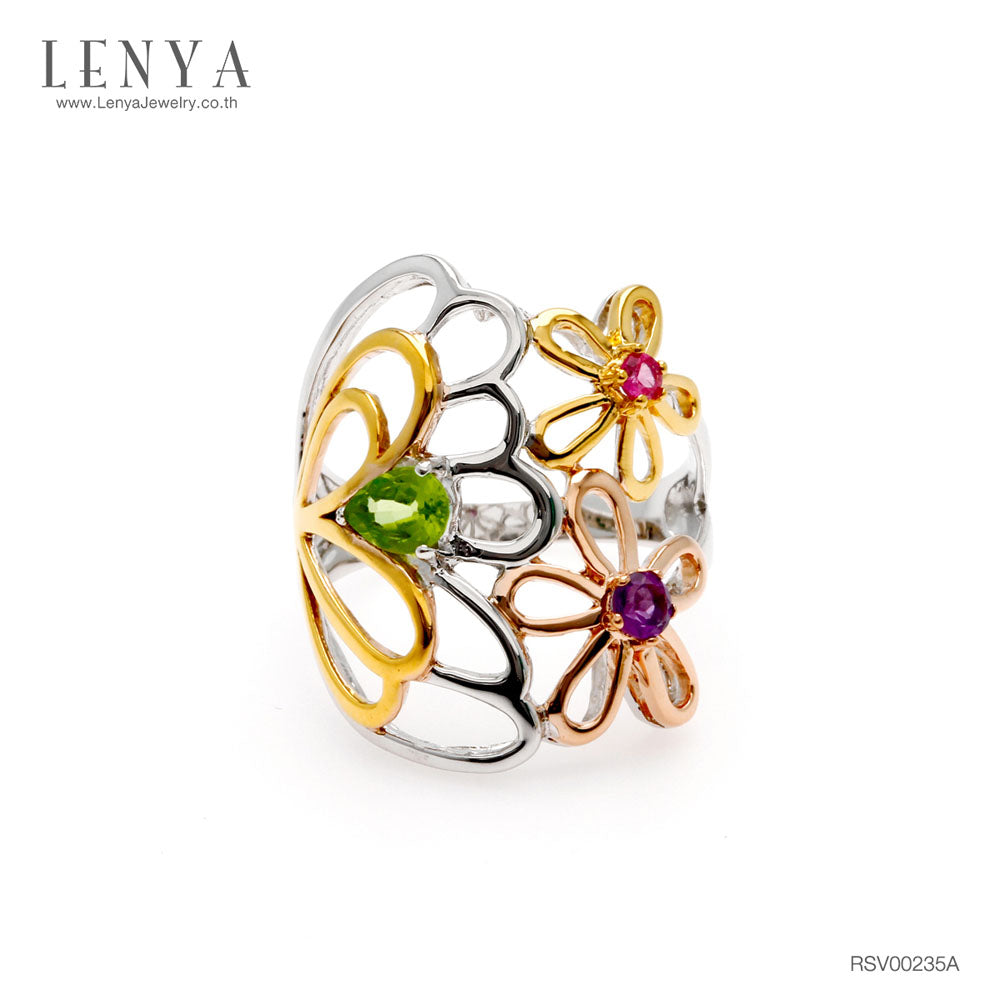 LENYA แหวนดอกไม้ ประดับทับทิม เพอริดอทและอะเมทิตส์ ตัวเรือนเงินแท้ ชุบทองทรีโทน สวยน่าหลงไหลสุดๆ